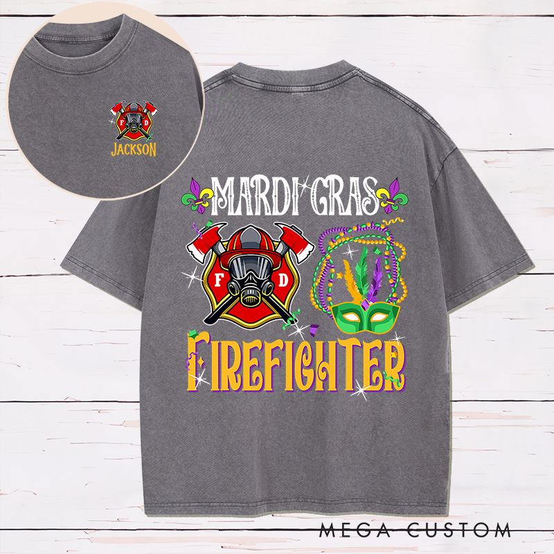 Personalized Firefighter Washed T-Shirt Mardi Gras Firefighter Design Festive Gift for Firefighters