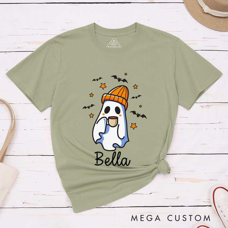 Personalized Coffee-Drinking Ghost Couple Halloween Funny Matching T-Shirt