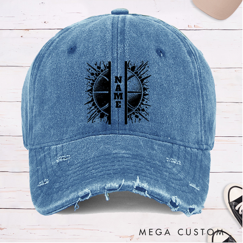 Personalized Distressed Denim Basketball Cap with Custom Name and Split Basketball Graphic Design