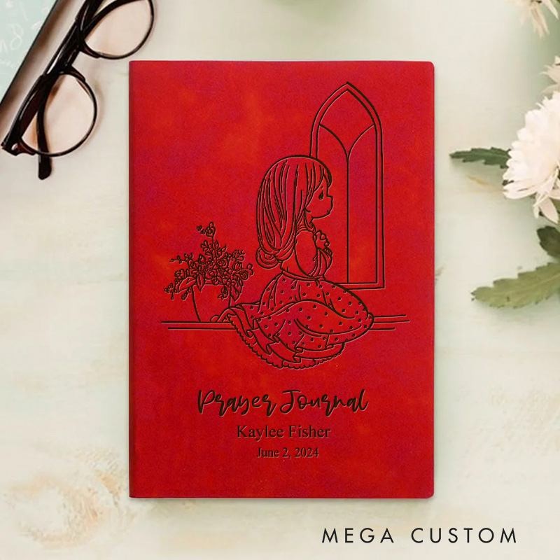 Personalized Little Girl at the Window Prayer Journal Leather A5 Notebook with Name and Date First Communion Birthday Gift for Girls