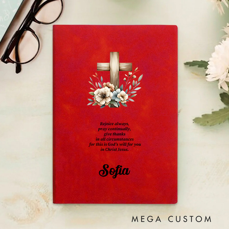 Personalized Floral Cross Bible Verse A5 Leather Prayer Journal Notebook with Name Church Study Birthday Gift Religious Christmas Gift for Christians