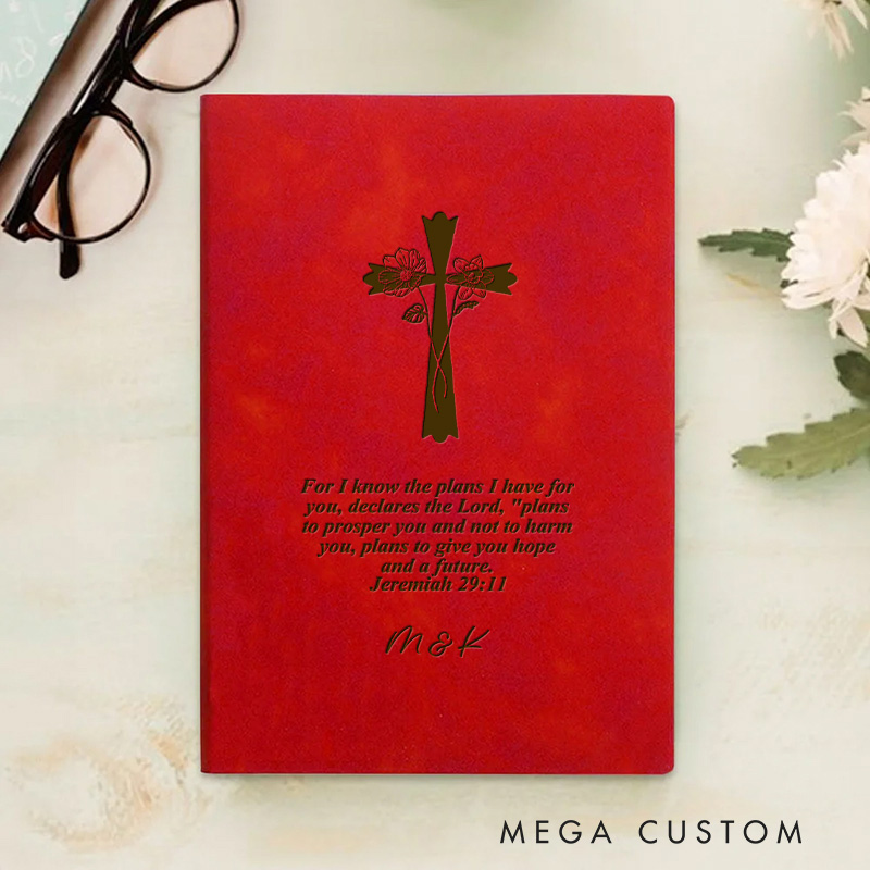 Personalized Engraved Cross Birth Flower Bible Verse Leather A5 Notebook with Name for Church Bible Study Christmas Easter Gift for Christian Prayer