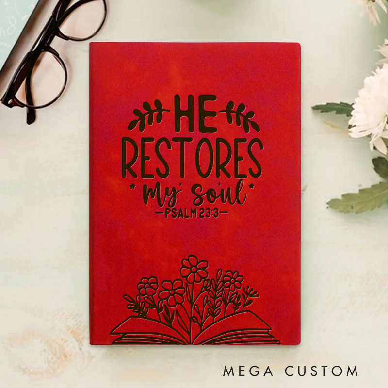 Personalized He Restores My Soul Prayer Journal Leather A5 Encouraging Faith Notebook Custom Inspirational Quote Journal Christian Gift Religious Gift