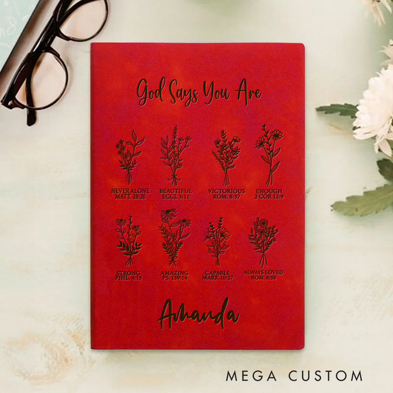 Personalized God Says You Are Prayer Journal Leather A5 Notebook with Name Custom Positive Affirmation Journal Religious Gift Christian Gift for Women