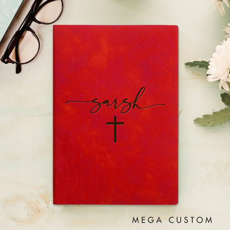 Personalized Cross Pattern Prayer Journal Leather A5 Notebook with Name Religious Gift Birthday Gift for Christian Baptism & Christening Gift