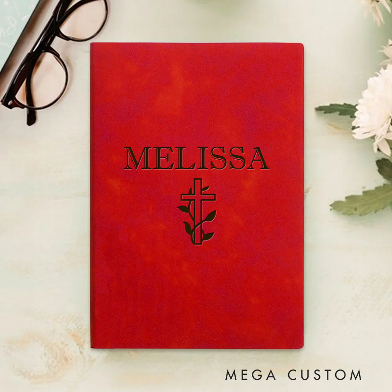 Personalized Cross with Leaves Prayer Journal Leather A5 Notebook with Name Religious Gift Birthday Gift for Christian Baptism & Christening Gift
