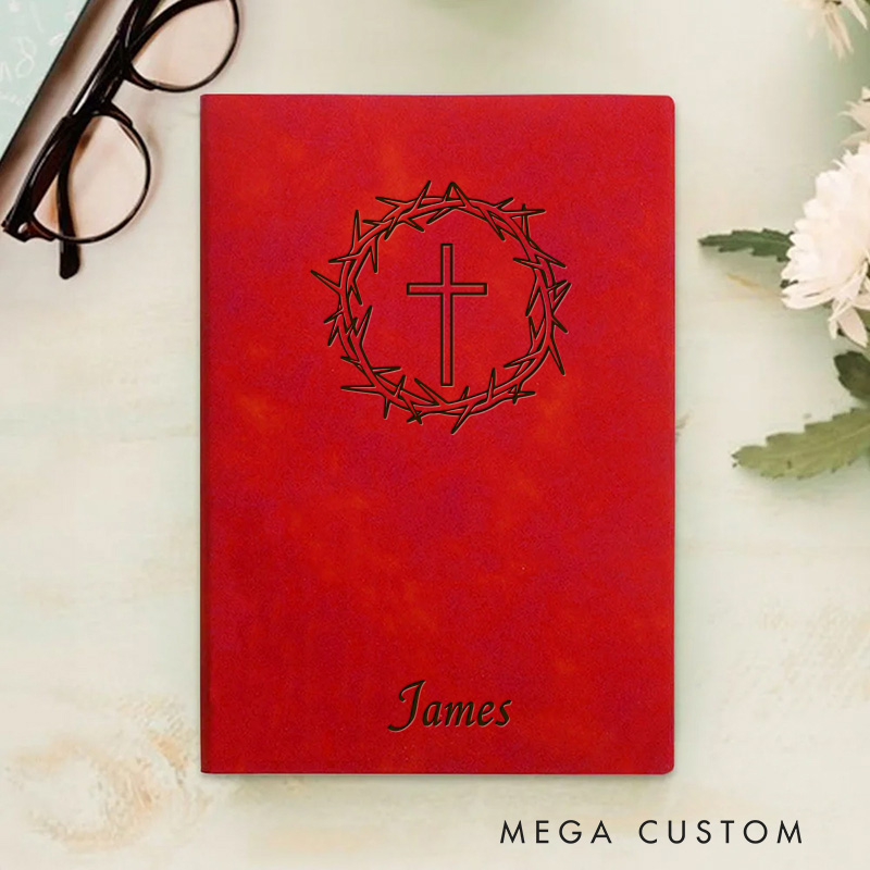 Personalized Cross and Thorns Journal Leather A5 Notebook with Name Religious Prayer Notebook Birthday Easter Christmas Gift for Christians