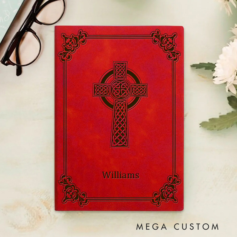 Personalized Celtic Cross with Elegant Decorative Border Prayer Journal Leather A5 Notebook with Name Religious Gift for Christians
