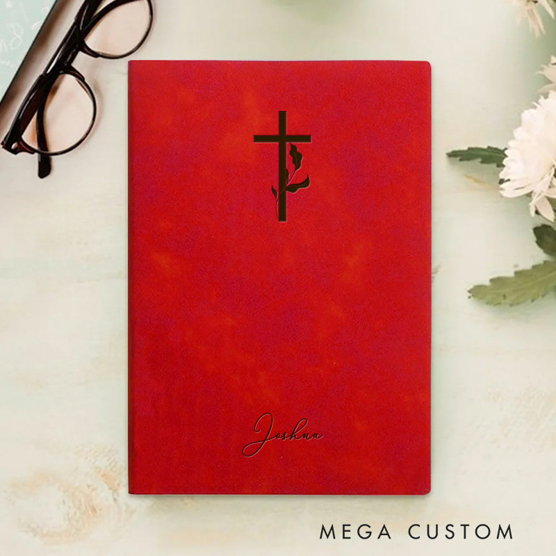 Personalized Cross with Leaves Prayer Journal A5 Leather Notebook with Name Religious Journal for Men Women Birthday Easter Christmas Gift for Christians