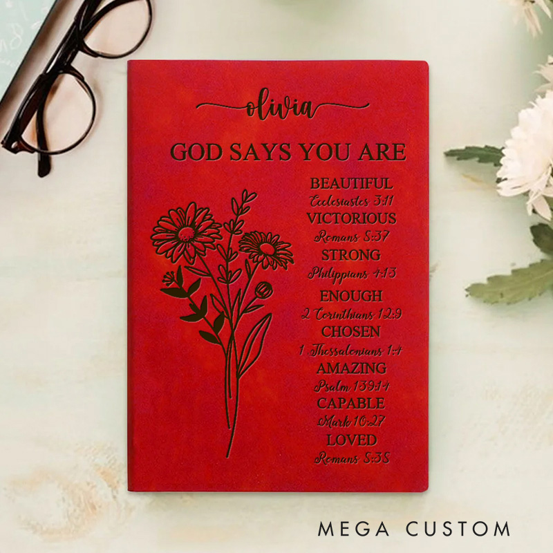 Personalized Floral God Says you are Prayer Journal A5 Leather Notebook with Name Religious Gift Birthday Gift for Christians