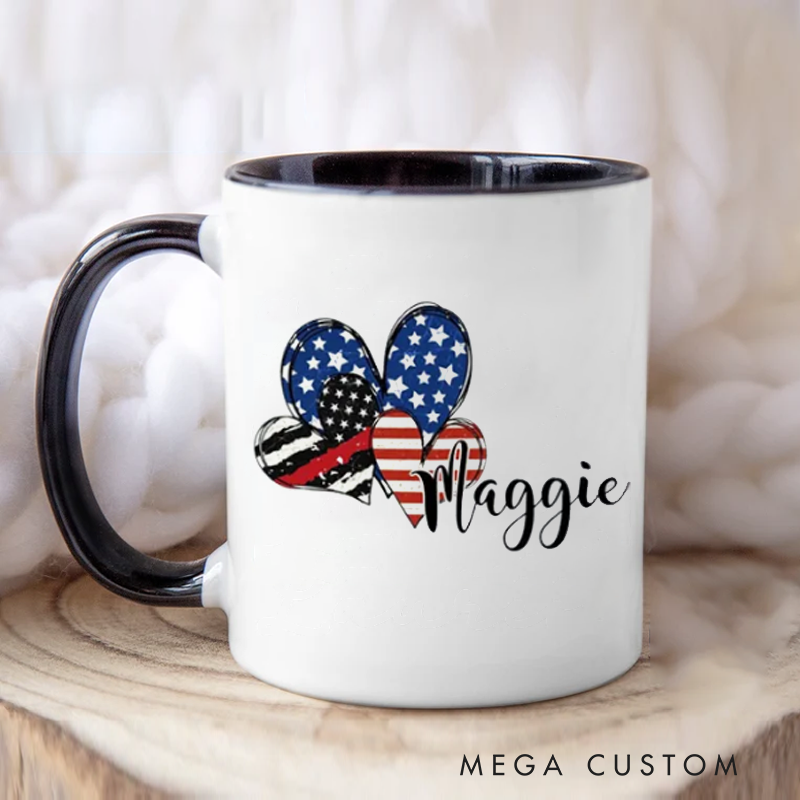 Personalized Firefighter Mug Heart and American Flag Thin Red Line Themed Coffee Mug Gift for Firefighter Supporters and Friends