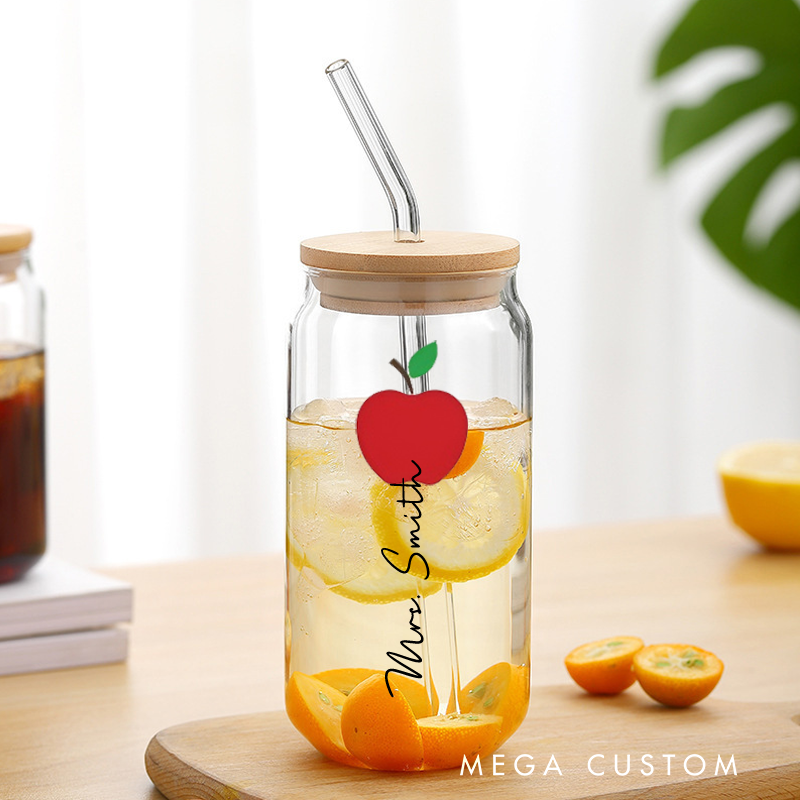 Personalized Teacher Tumbler with Lid and Straw Red Apple Custom Glass Coffee Cup Teacher Appreciation Gift