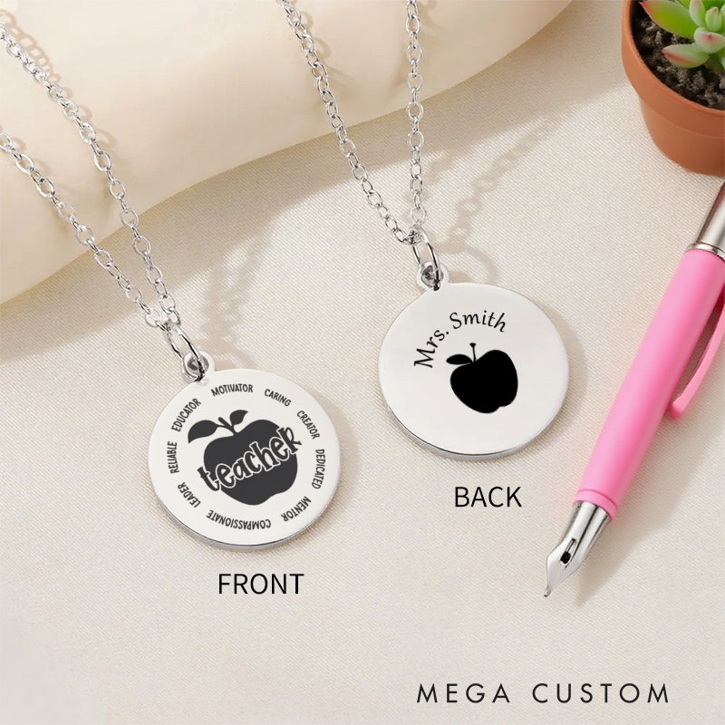 Personalized Teacher Engraved Necklace Teacher Apple Design Necklace Thank You Gift for Teachers