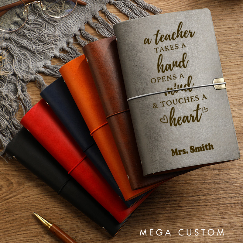 Personalized Teacher A6 Leather Wraparound Notebook Take Hand Open Mind Touch Heart Design Appreciation Gift for Teachers