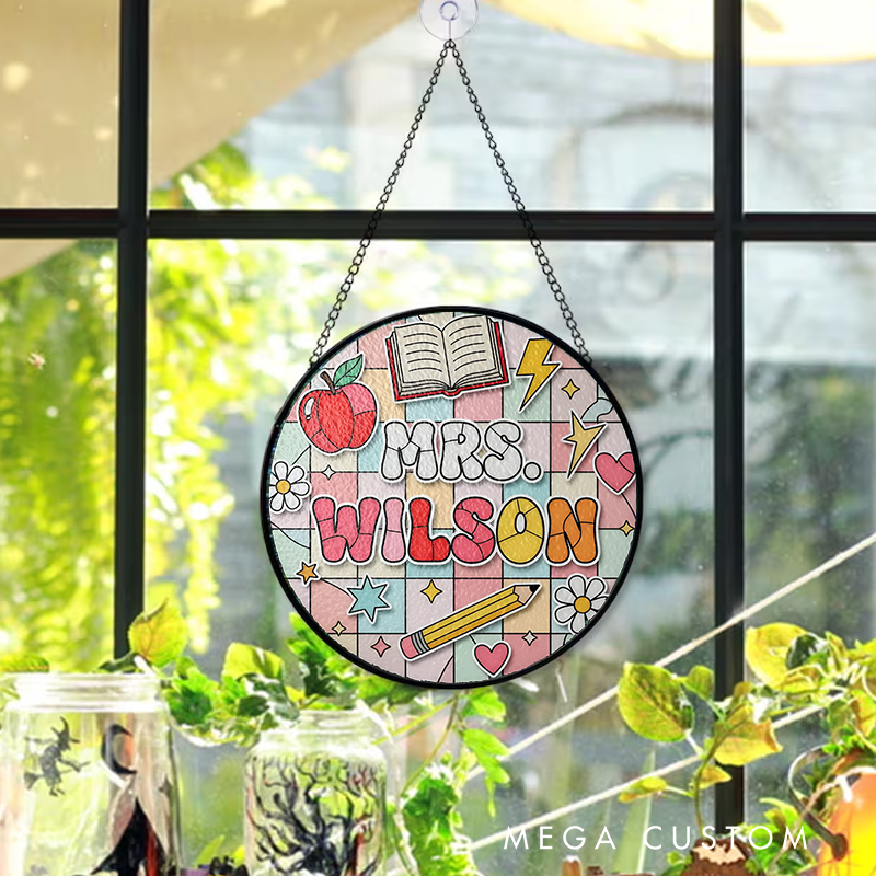 Personalized Teacher Sun Catcher  Apple Book Pencil Design Custom Glass Plaque for Teachers