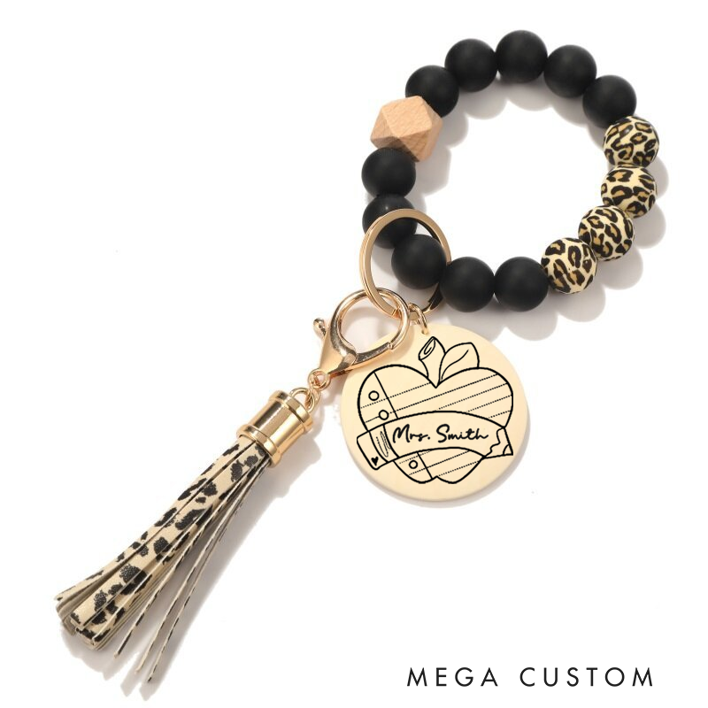 Personalized Teacher Keychain Apple Pencil Design Silicone Beads Bracelet Keychain Wooden Engraved Wristlet Keychain Teacher Appreciation Gift