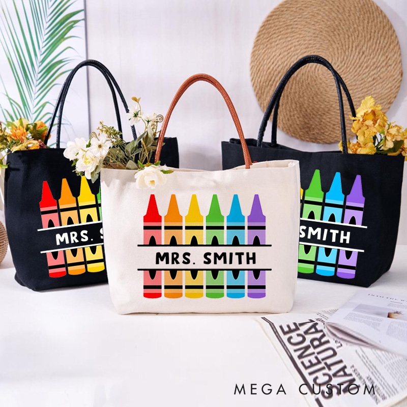Personalized Teacher Canvas Tote Bag Crayons Design Appreciation Gift for Teachers