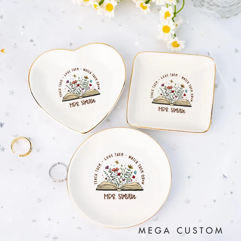 Personalized Jewelry Dish for Teacher Fashion Flower Book Design Ceramic Ring Dish Teacher Appreciation Gift