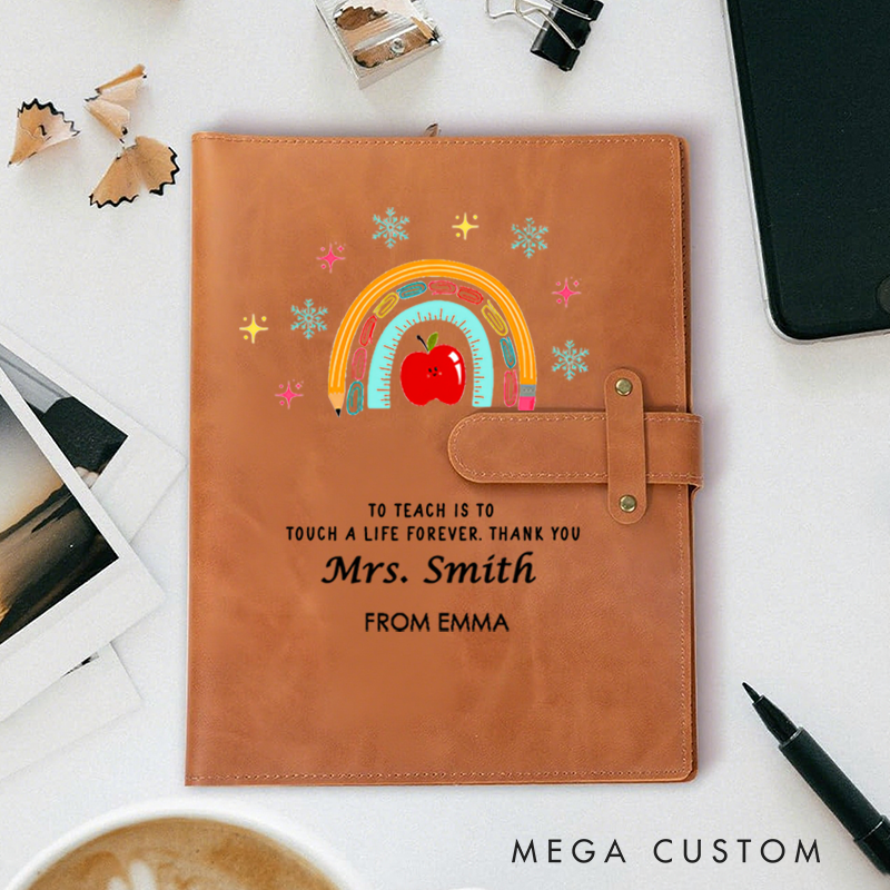 Personalized Teacher A5 Leather Notebook Cover with Pocket Pencil Rainbow Design Appreciation Gift for Teachers