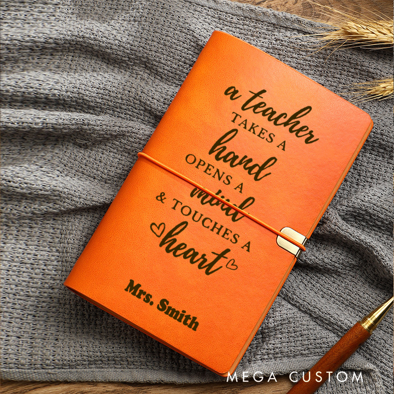 Personalized Teacher A6 Leather Wraparound Notebook Take Hand Open Mind Touch Heart Design Appreciation Gift for Teachers