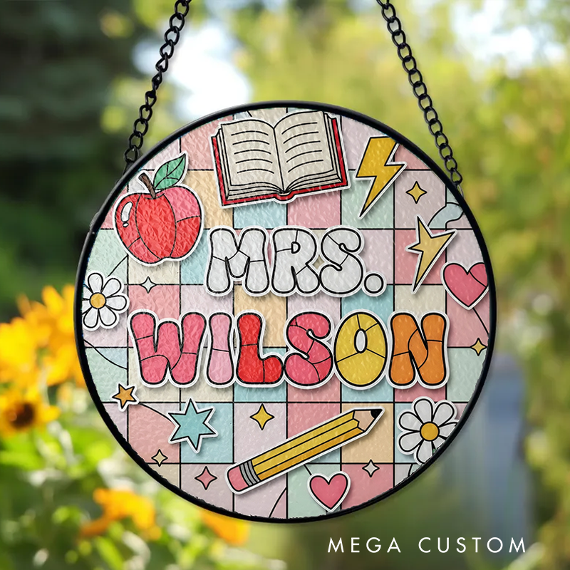 Personalized Teacher Sun Catcher  Apple Book Pencil Design Custom Glass Plaque for Teachers