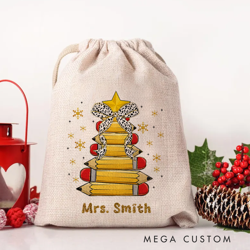 Personalised Christmas Santa Sack for Teachers Custom Cute Star Bow Pencil Design Sack Christmas Gift