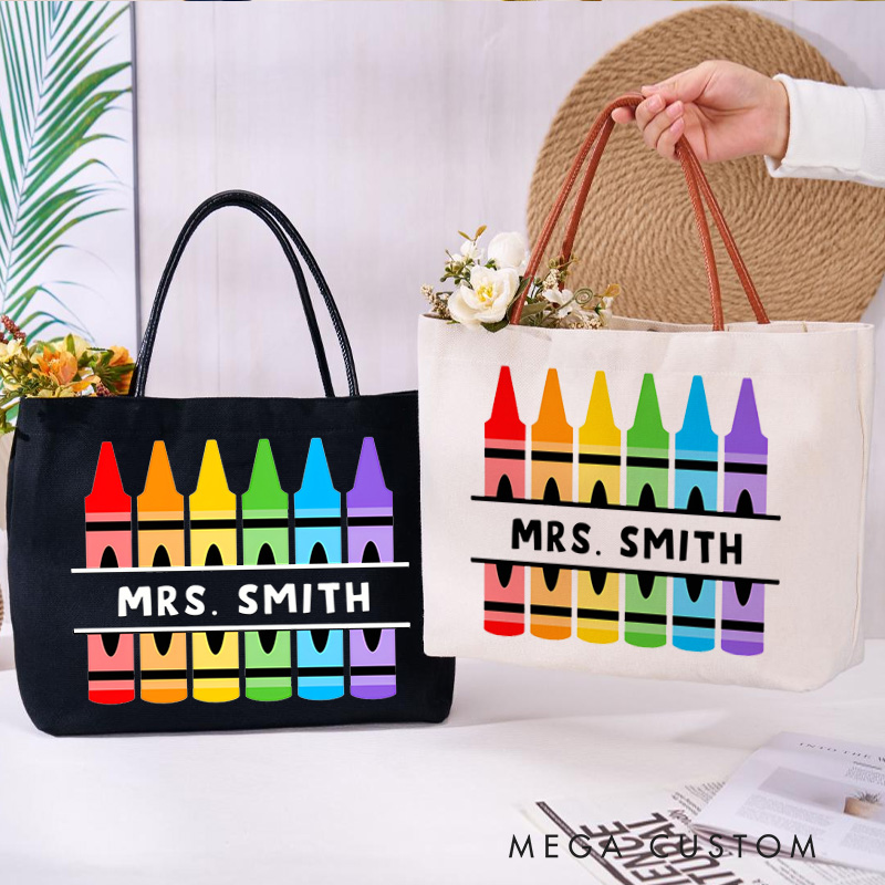 Personalized Teacher Canvas Tote Bag Crayons Design Appreciation Gift for Teachers