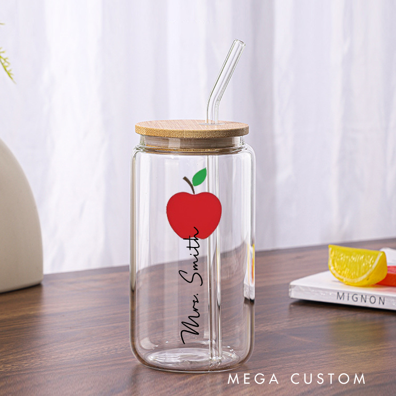 Personalized Teacher Tumbler with Lid and Straw Red Apple Custom Glass Coffee Cup Teacher Appreciation Gift