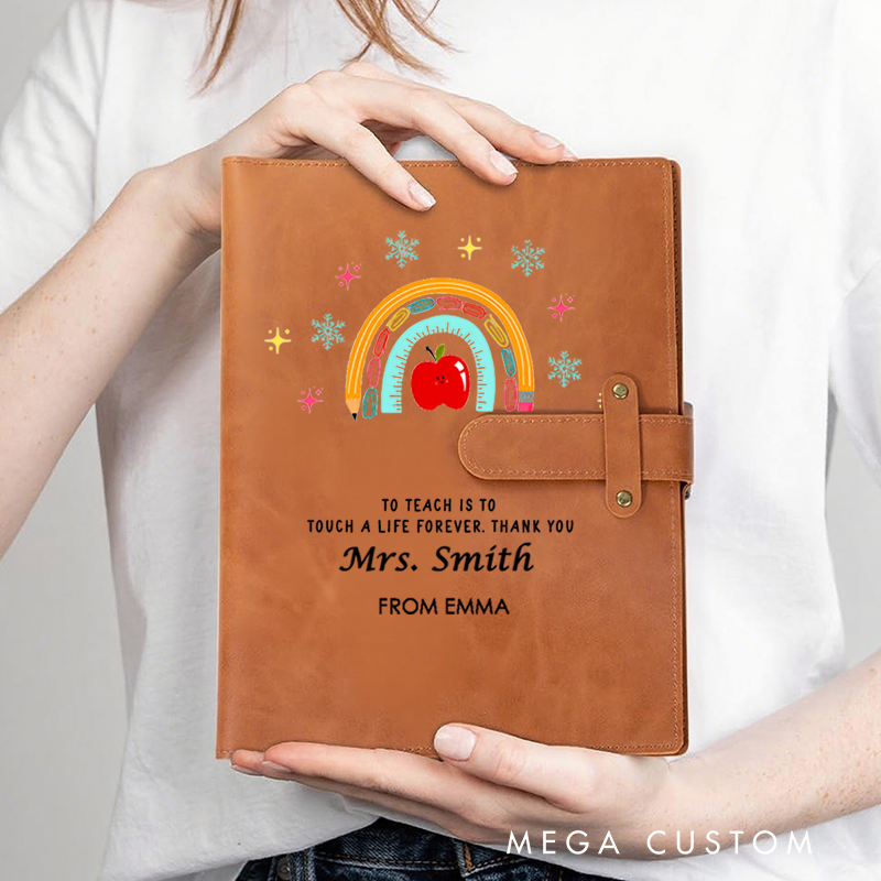 Personalized Teacher A5 Leather Notebook Cover with Pocket Pencil Rainbow Design Appreciation Gift for Teachers