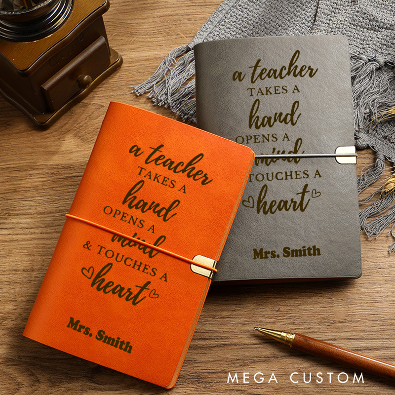 Personalized Teacher A6 Leather Wraparound Notebook Take Hand Open Mind Touch Heart Design Appreciation Gift for Teachers