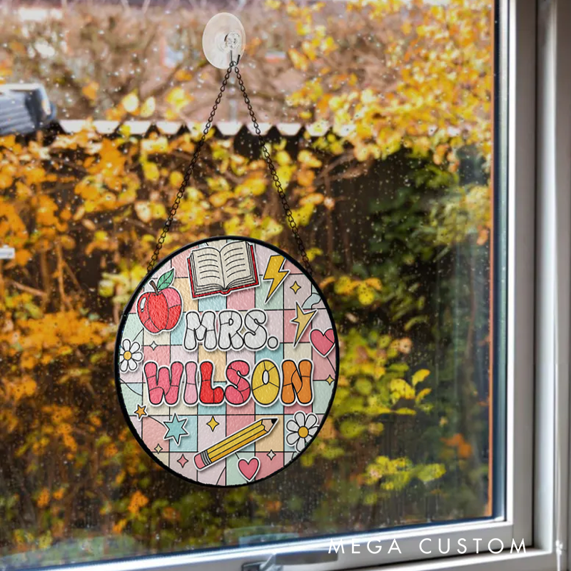 Personalized Teacher Sun Catcher  Apple Book Pencil Design Custom Glass Plaque for Teachers