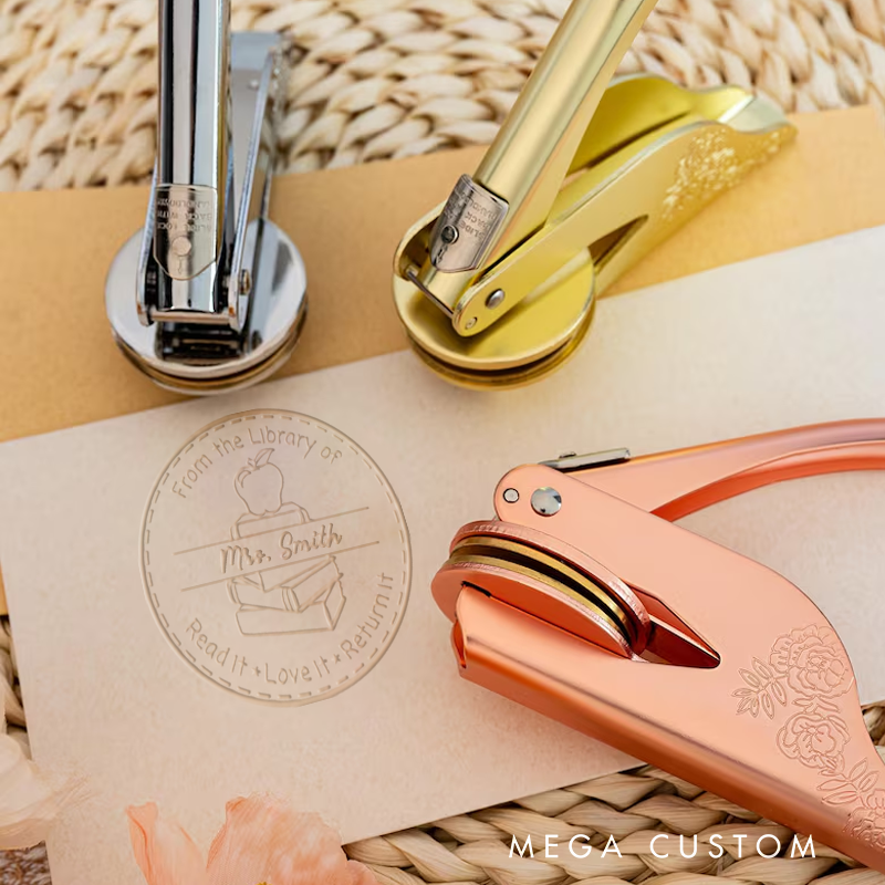 Personalized Teacher Book Embosser Stamp with Apple Book Design Thoughtful Gift for Teachers