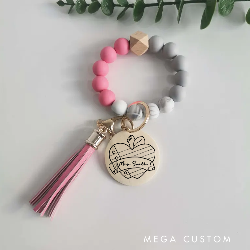 Personalized Teacher Keychain Apple Pencil Design Silicone Beads Bracelet Keychain Wooden Engraved Wristlet Keychain Teacher Appreciation Gift