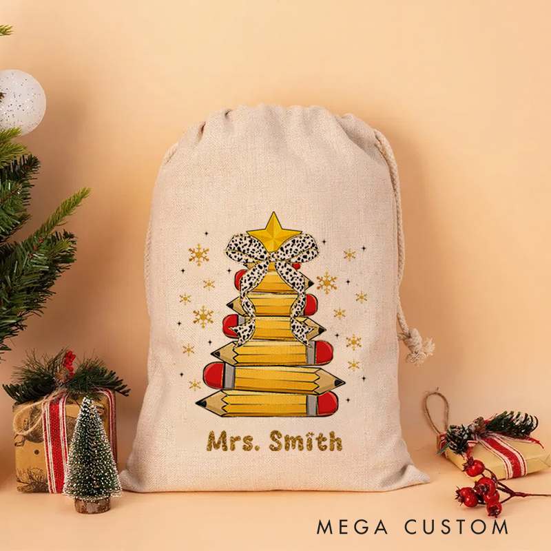 Personalised Christmas Santa Sack for Teachers Custom Cute Star Bow Pencil Design Sack Christmas Gift