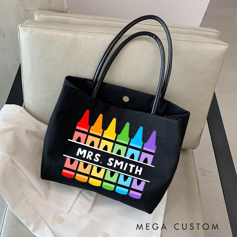Personalized Teacher Canvas Tote Bag Crayons Design Appreciation Gift for Teachers