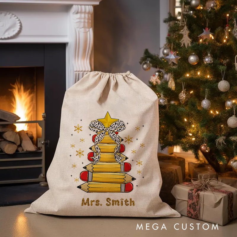Personalised Christmas Santa Sack for Teachers Custom Cute Star Bow Pencil Design Sack Christmas Gift