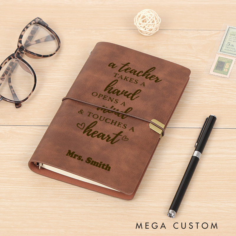 Personalized Teacher A6 Leather Wraparound Notebook Take Hand Open Mind Touch Heart Design Appreciation Gift for Teachers