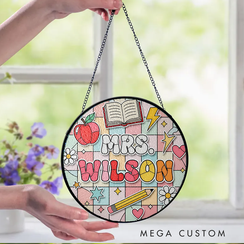 Personalized Teacher Sun Catcher  Apple Book Pencil Design Custom Glass Plaque for Teachers
