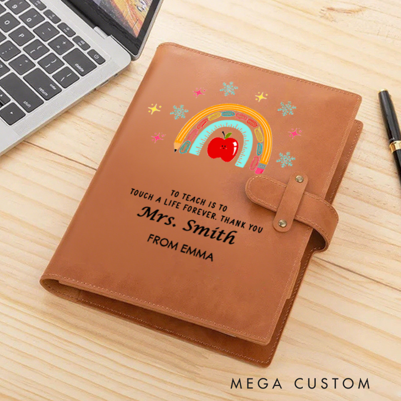 Personalized Teacher A5 Leather Notebook Cover with Pocket Pencil Rainbow Design Appreciation Gift for Teachers