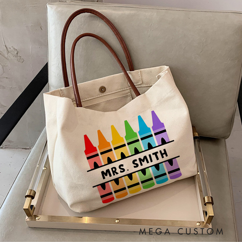 Personalized Teacher Canvas Tote Bag Crayons Design Appreciation Gift for Teachers