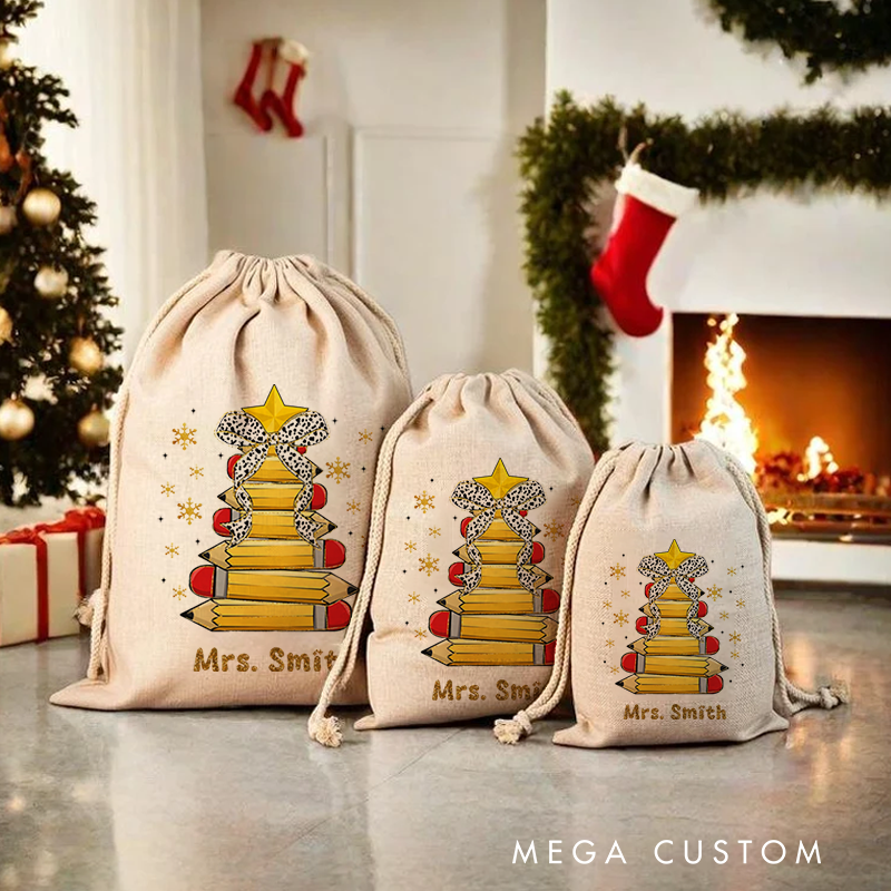 Personalised Christmas Santa Sack for Teachers Custom Cute Star Bow Pencil Design Sack Christmas Gift