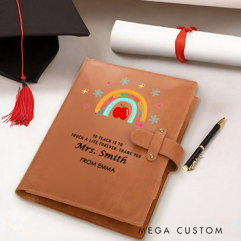 Personalized Teacher A5 Leather Notebook Cover with Pocket Pencil Rainbow Design Appreciation Gift for Teachers
