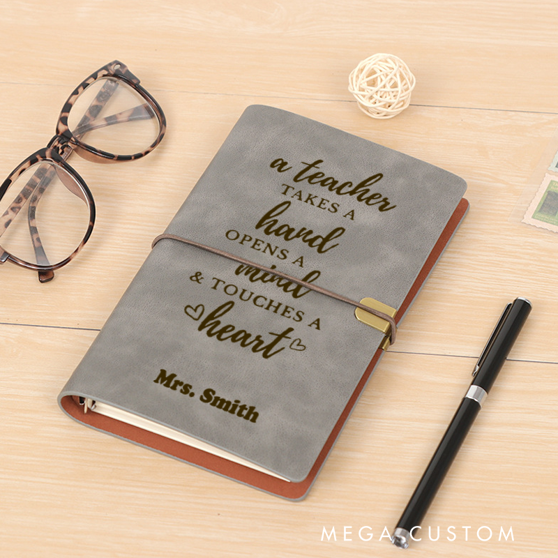 Personalized Teacher A6 Leather Wraparound Notebook Take Hand Open Mind Touch Heart Design Appreciation Gift for Teachers
