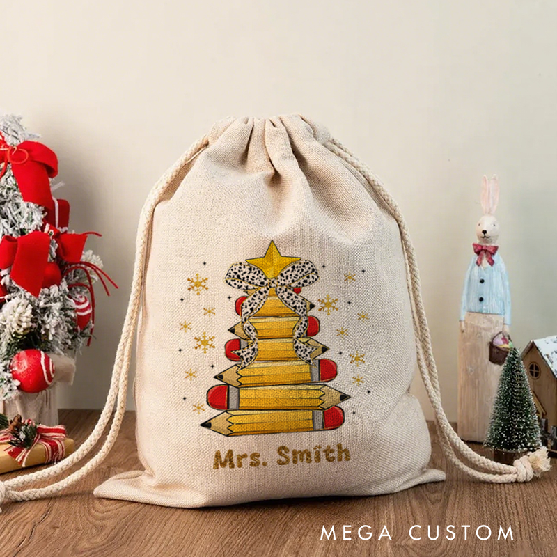 Personalised Christmas Santa Sack for Teachers Custom Cute Star Bow Pencil Design Sack Christmas Gift