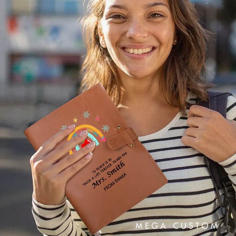 Personalized Teacher A5 Leather Notebook Cover with Pocket Pencil Rainbow Design Appreciation Gift for Teachers