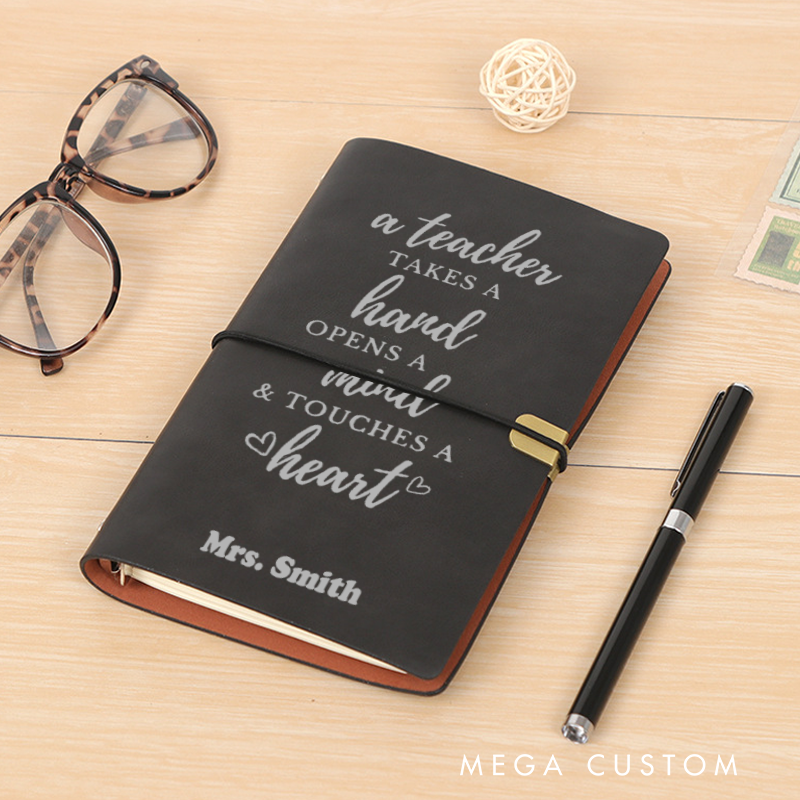 Personalized Teacher A6 Leather Wraparound Notebook Take Hand Open Mind Touch Heart Design Appreciation Gift for Teachers