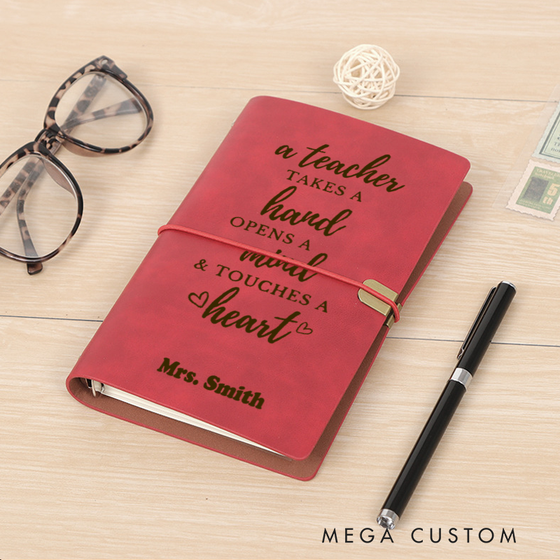 Personalized Teacher A6 Leather Wraparound Notebook Take Hand Open Mind Touch Heart Design Appreciation Gift for Teachers