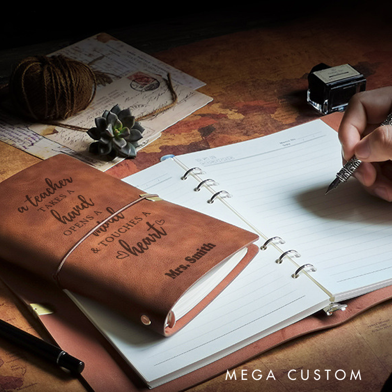 Personalized Teacher A6 Leather Wraparound Notebook Take Hand Open Mind Touch Heart Design Appreciation Gift for Teachers