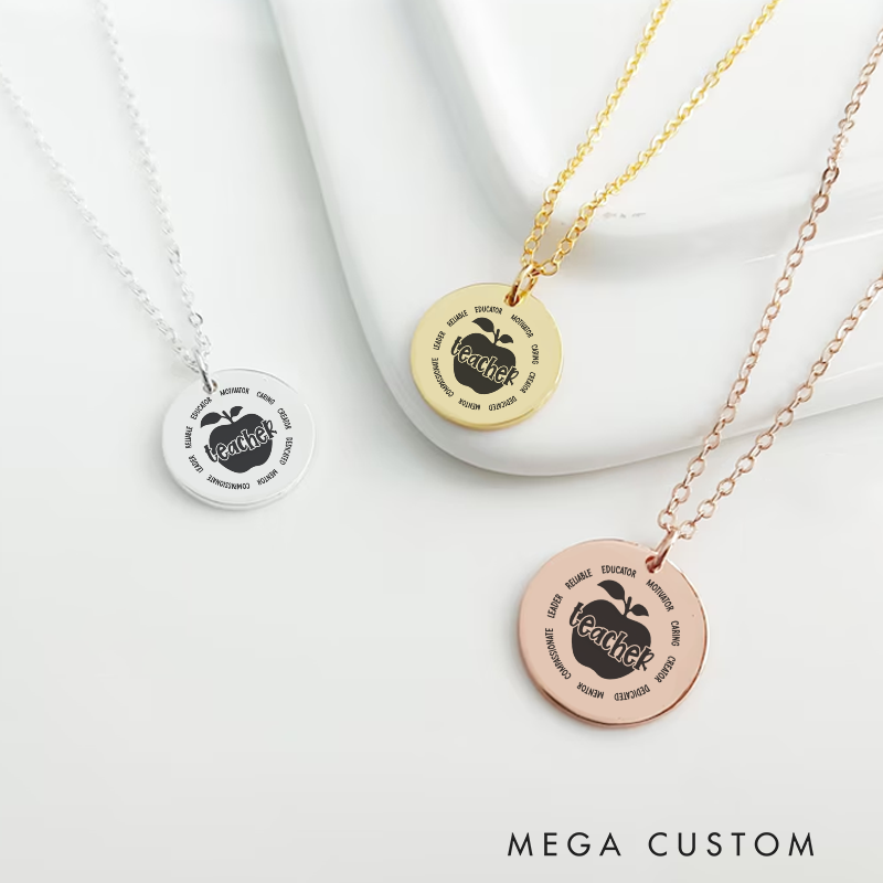 Personalized Teacher Engraved Necklace Teacher Apple Design Necklace Thank You Gift for Teachers