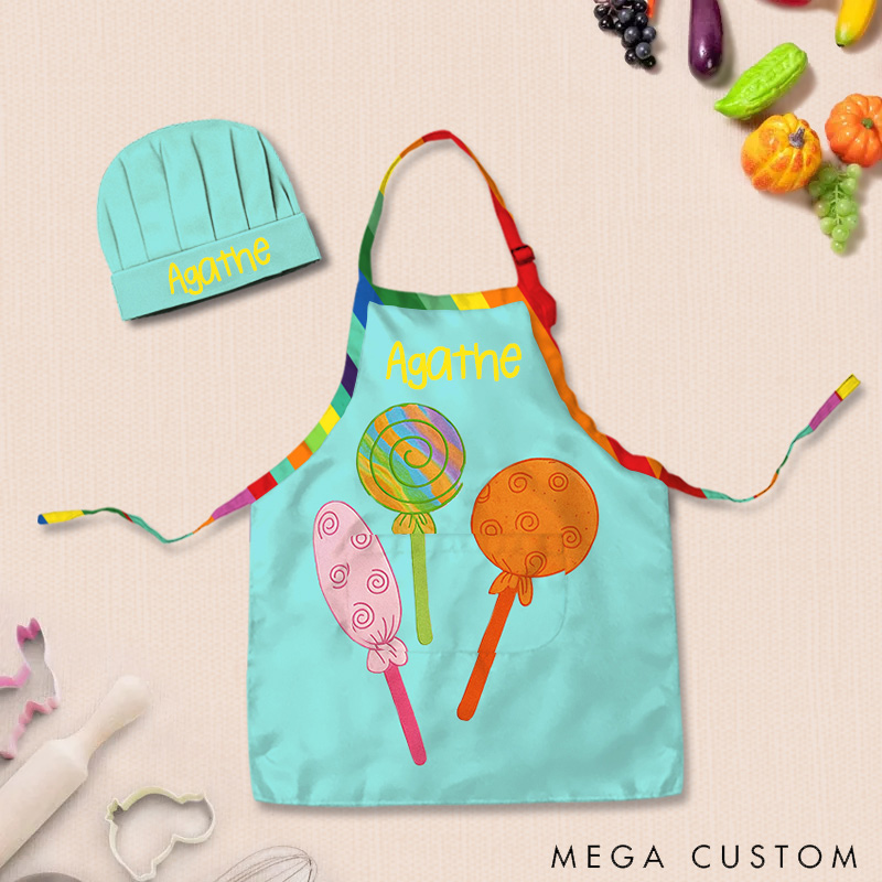 Personalized Colorful Lollipop Adjustable Kid Apron Chef Hat Set with Pocket and Name for Cooking Baking Birthday Holiday Gift for Kids
